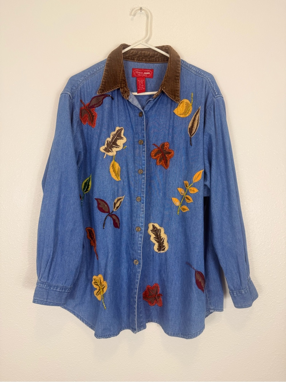 Vintage-Inspired Embroidered Denim Button-Down Shirt - Blue Denim Beaded Leaves